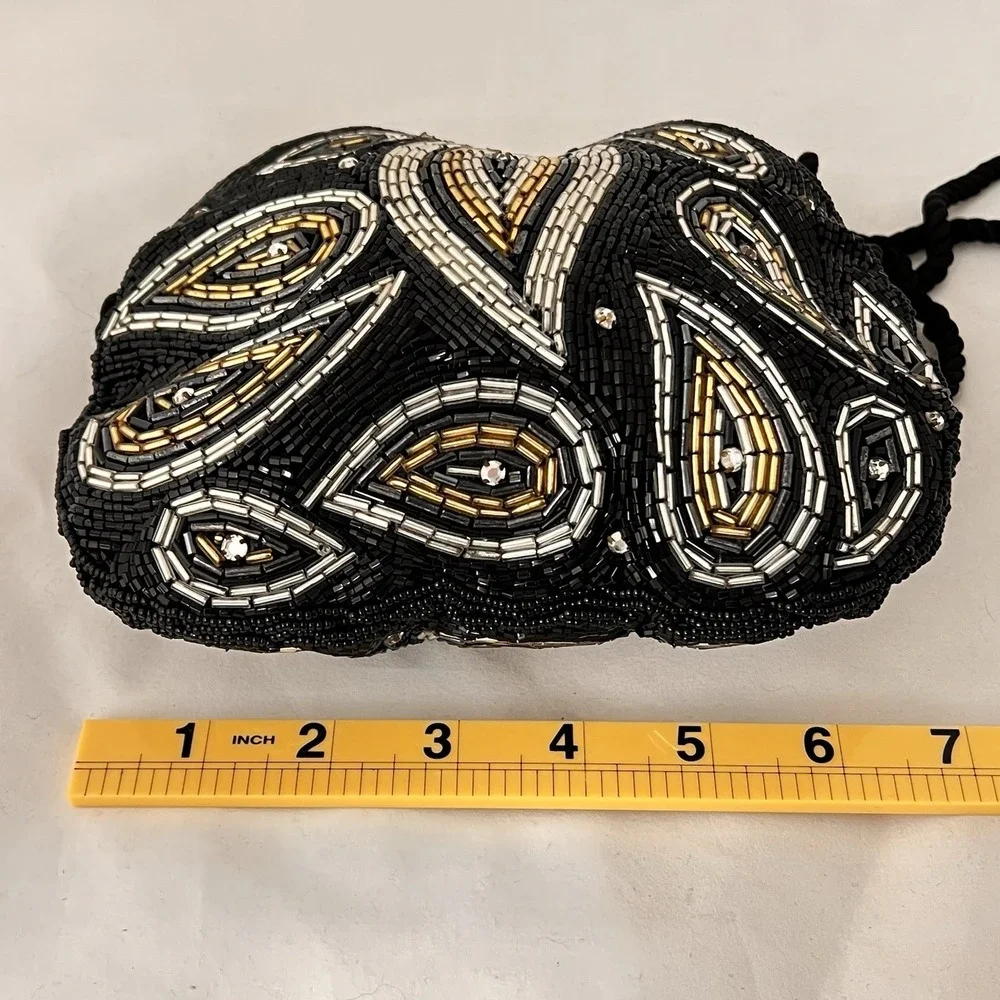 Vintage Beaded Evening Clutch Purse Black‎ Gold Silver Glass Bead Handbag Small